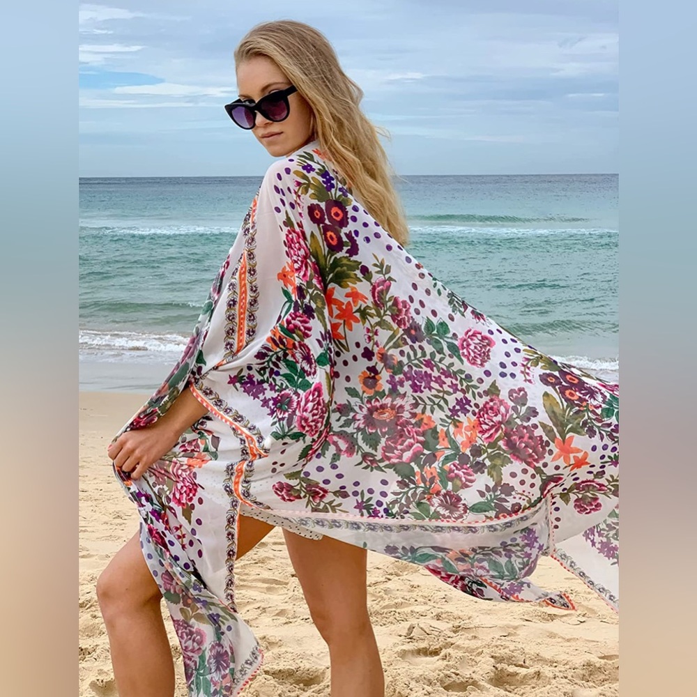 Women’s One Size Summer Chiffon Floral Long Kimono Coverup